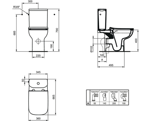 Technický nákres toalety s rozmermi.