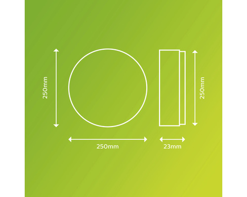 Technický nákres okrúhleho svietidla s priemerom 250 milimetrov a hĺbkou 23 milimetrov