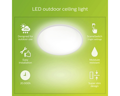LED stropné svietidlo pre vonkajšie použitie s krytím IP54, vhodné pre vonkajšie použitie, s tromi nastaveniami svetla, jednoduchou inštaláciou, odolné proti vlhkosti, so životnosťou približne 20 000 hodín a super tenkým dizajnom