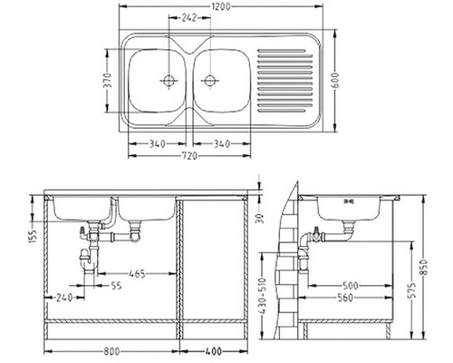 Nákres drezu s dvojitou misou a odkvapkávacou plochou s rozmermi