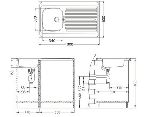 Technický nákres drezu s rozmermi.