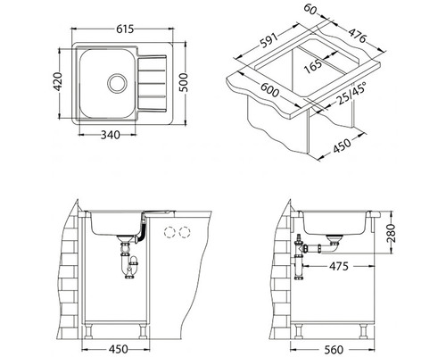 Technický nákres drezu s rozmermi