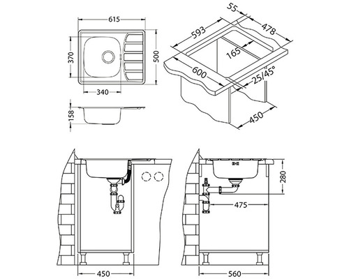Technický výkres drezu s rozmermi
