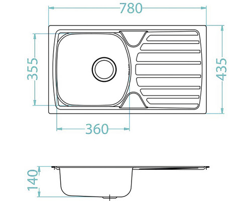 Technický nákres kuchynského drezu s rozmermi 780 x 435 mm.