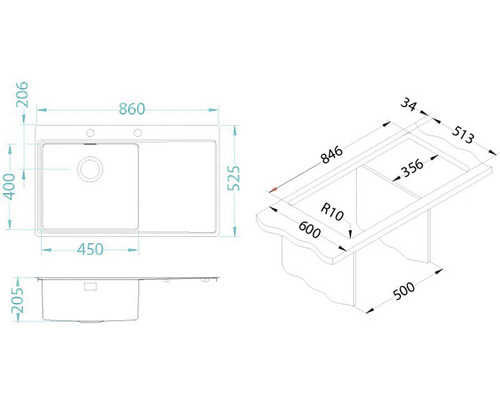Technický nákres drezu s rozmermi