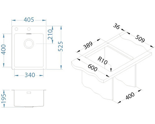 Technický nákres drezu s rozmermi