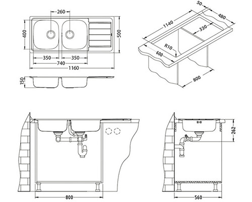 Technický nákres drezu s rozmermi