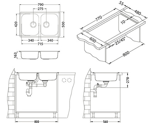 Technický nákres dvojitého drezu s rozmermi