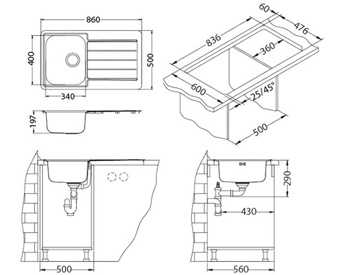 Technický nákres drezu s rozmermi