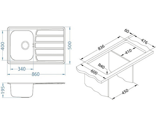 Technický nákres drezu s odkvapkávacou plochou a rozmermi