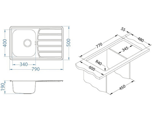 Výkres drezu s odkvapkávacou plochou a rozmermi