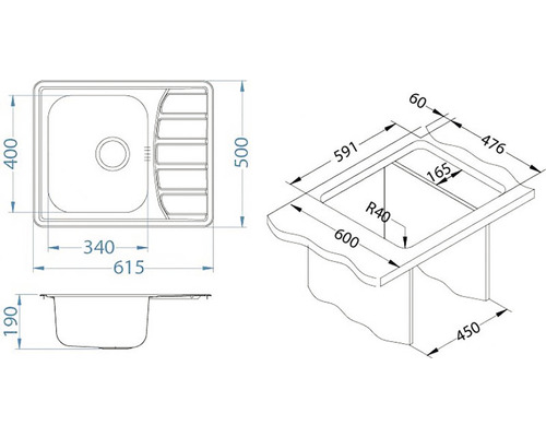 Technický nákres kuchynského drezu s rozmermi