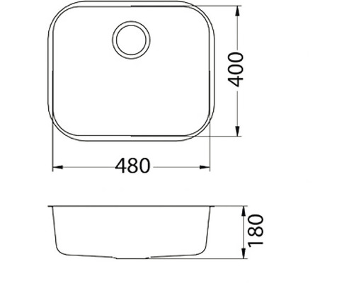 Nákres kuchynského drezu s rozmermi: 400 x 480 x 180 mm