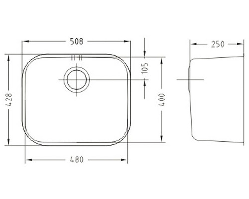 Technický nákres drezu s rozmermi.