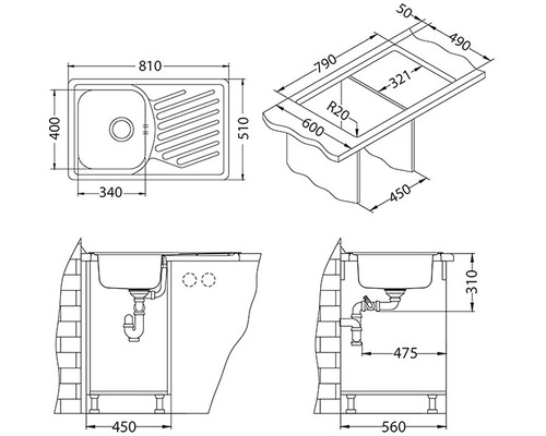 Technický nákres drezu s rôznymi rozmermi.