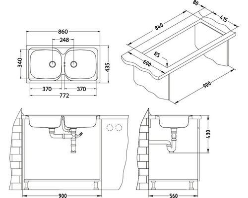 Technický nákres drezu s dvojitým umývadlom a rozmermi.