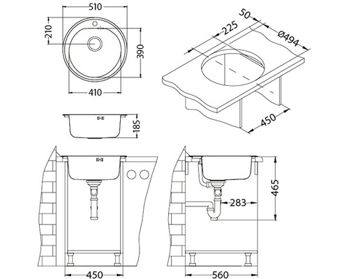 Technický nákres okrúhleho vstavaného umývadla s rozmermi