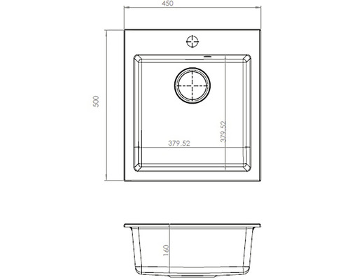 Technický nákres umývadla s rozmermi 450 x 500 x 160 mm.