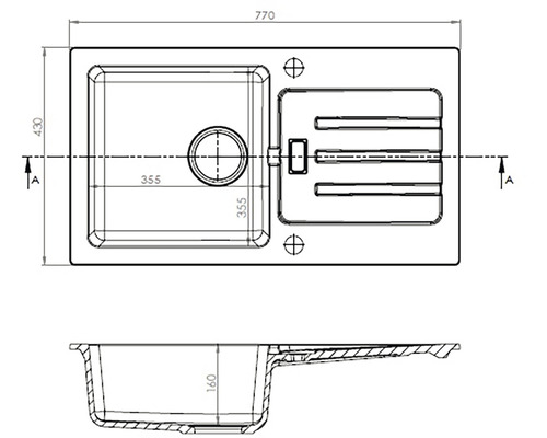Technický nákres kuchynského drezu s rozmermi 770 x 430 mm a hĺbkou misy 160 mm.