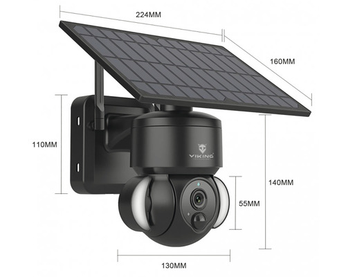 Vonkajšia kamera so solárnym panelom s rozmermi 224 milimetrov krát 160 milimetrov