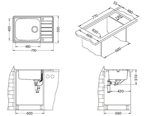 Technický výkres drezu s rozmermi.