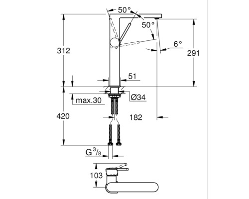 Technický nákres vodovodnej batérie s rozmermi