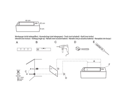 Montážny návod pre kúpeľňový výrobok s nástrojmi a rozmermi