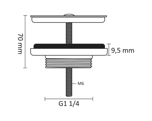 Technický nákres výpustného ventilu s rozmermi 70 mm, 9,5 mm, G 1 1/4 a M6