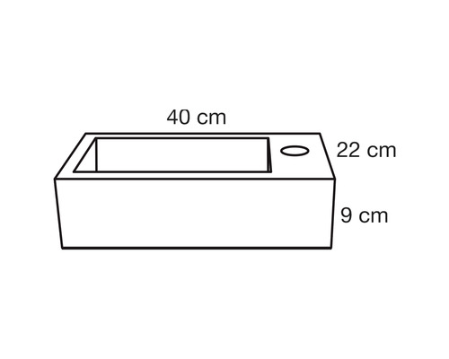 Technický nákres kvetináča s rozmermi 40 cm šírka, 22 cm výška a 9 cm hĺbka.