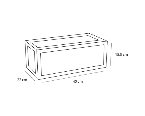 Obrázok kvetináča s rozmermi 40 cm dĺžka, 22 cm šírka a 15,5 cm výška