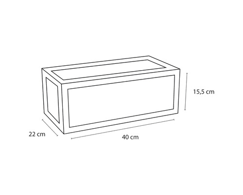 Obrázok kvetináča s rozmermi 40 cm dĺžka, 22 cm šírka a 15,5 cm výška.