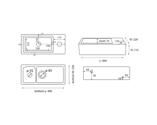 Technický výkres umývadla s rozmermi