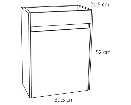 Nákres kúpeľňovej skrinky s rozmermi 21,5 cm x 52 cm x 39,5 cm