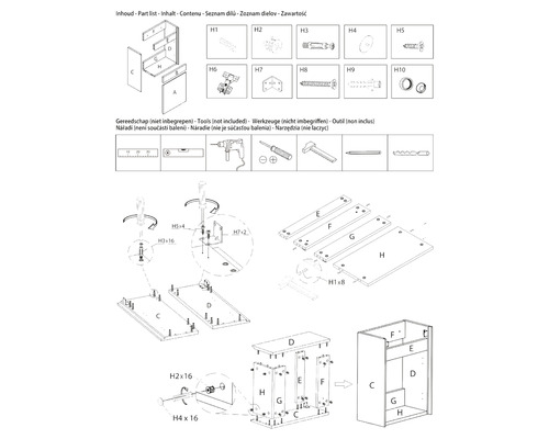 Ilustrovaný montážny návod pre nábytok so zoznamom dielov a prehľadom náradia