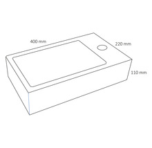 Nákres umývadla s rozmermi 400 mm dĺžka, 220 mm šírka a 110 mm výška.