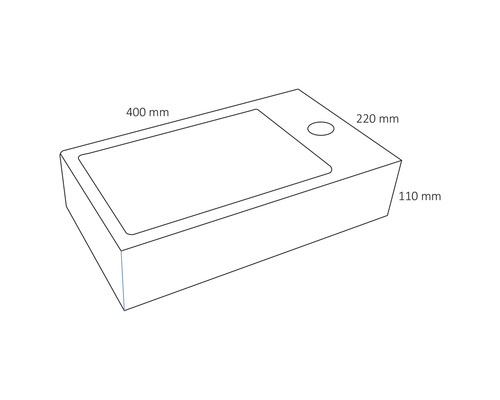 Nákres umývadla s rozmermi 400 mm dĺžka, 220 mm šírka a 110 mm výška.