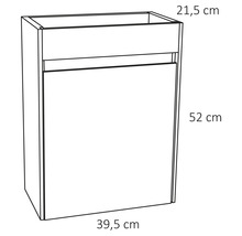 Nákres kúpeľňovej skrinky s rozmermi 21,5 cm hĺbka, 52 cm výška a 39,5 cm šírka.