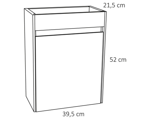 Nákres kúpeľňovej skrinky s rozmermi 21,5 cm hĺbka, 52 cm výška a 39,5 cm šírka.