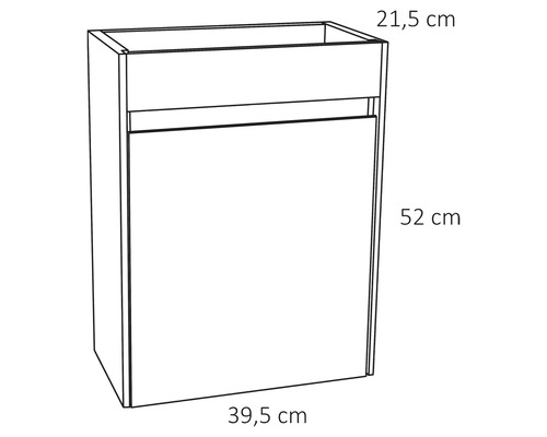 Nákres skrinky pod umývadlo do kúpeľne s rozmermi 21,5 cm x 39,5 cm x 52 cm.