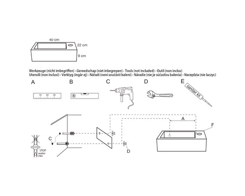 Montážny návod pre umývadlo s rozmermi a potrebným náradím