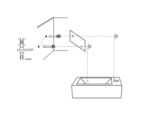 Rozkreslený nákres inštalácie vane s nástennou armatúrou