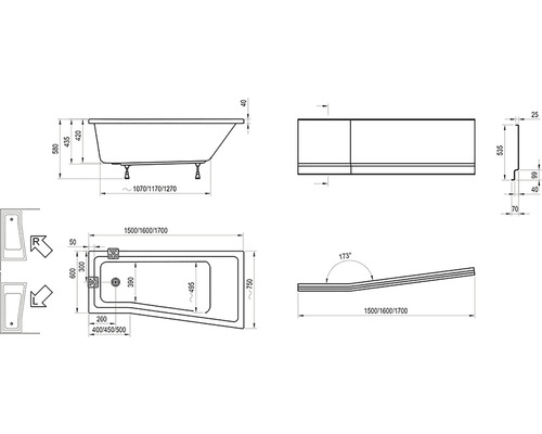 Technický nákres vane s rozmermi