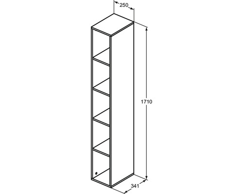 Technický nákres vysokej skrine s rozmermi 250 x 341 x 1710 milimetrov.