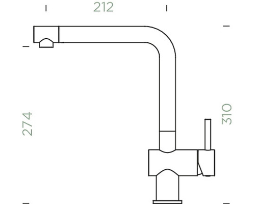 Technický nákres kuchynskej batérie s rozmermi