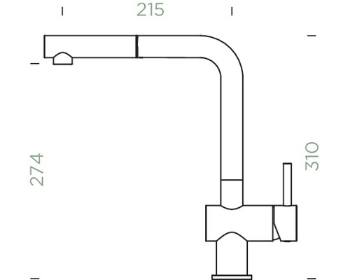 Technický nákres kuchynskej batérie s rozmermi 215, 274 a 310.