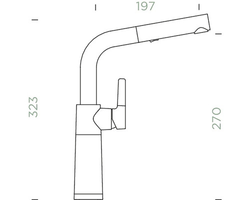 Technický nákres kuchynskej batérie s výsuvnou sprchou a rozmermi 323, 197 a 270.
