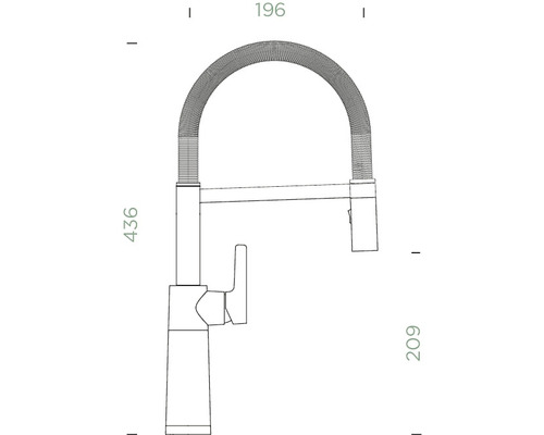 Technický nákres kuchynskej batérie s rozmermi 196, 436 a 209.