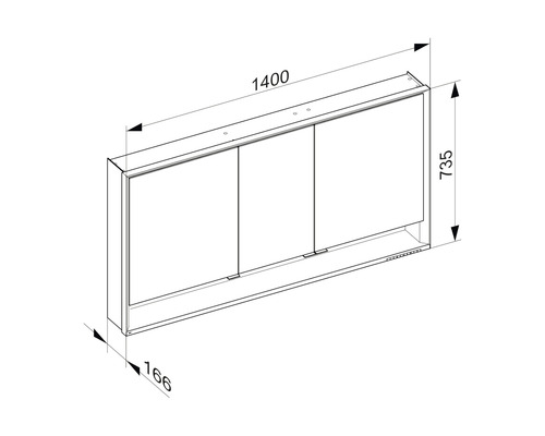 Technický nákres zrkadlovej skrinky s rozmermi.