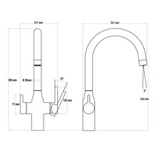 Technický nákres kuchynskej batérie s údajmi o výške a šírke v milimetroch.