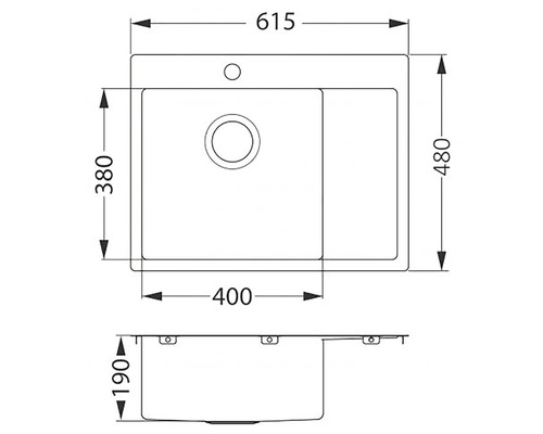 Technický nákres drezu s rozmermi 615 x 480 x 190 mm
